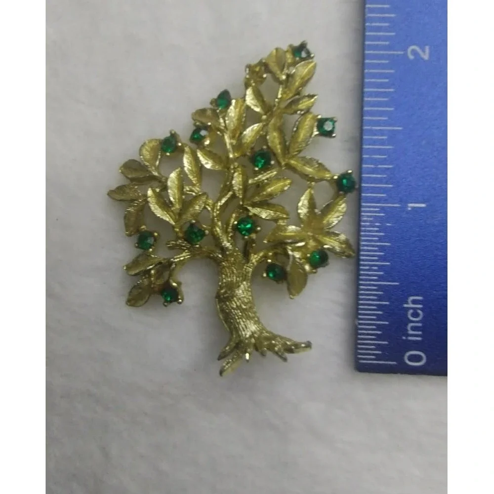 Dodds‎ Vintage Tree of Life Brooch Gold Tone Emerald Green Rhinestone Pin